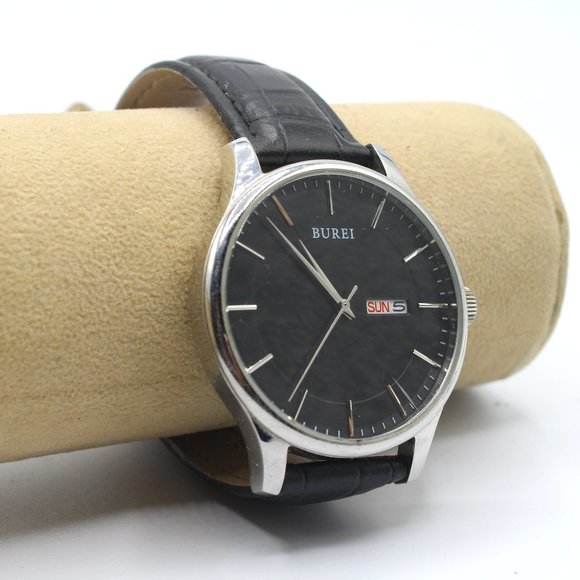 BUREI Day/Date 42mm Men's Watch Silver Stainless Black Croco Leather S-13001M - Picture 1 of 6